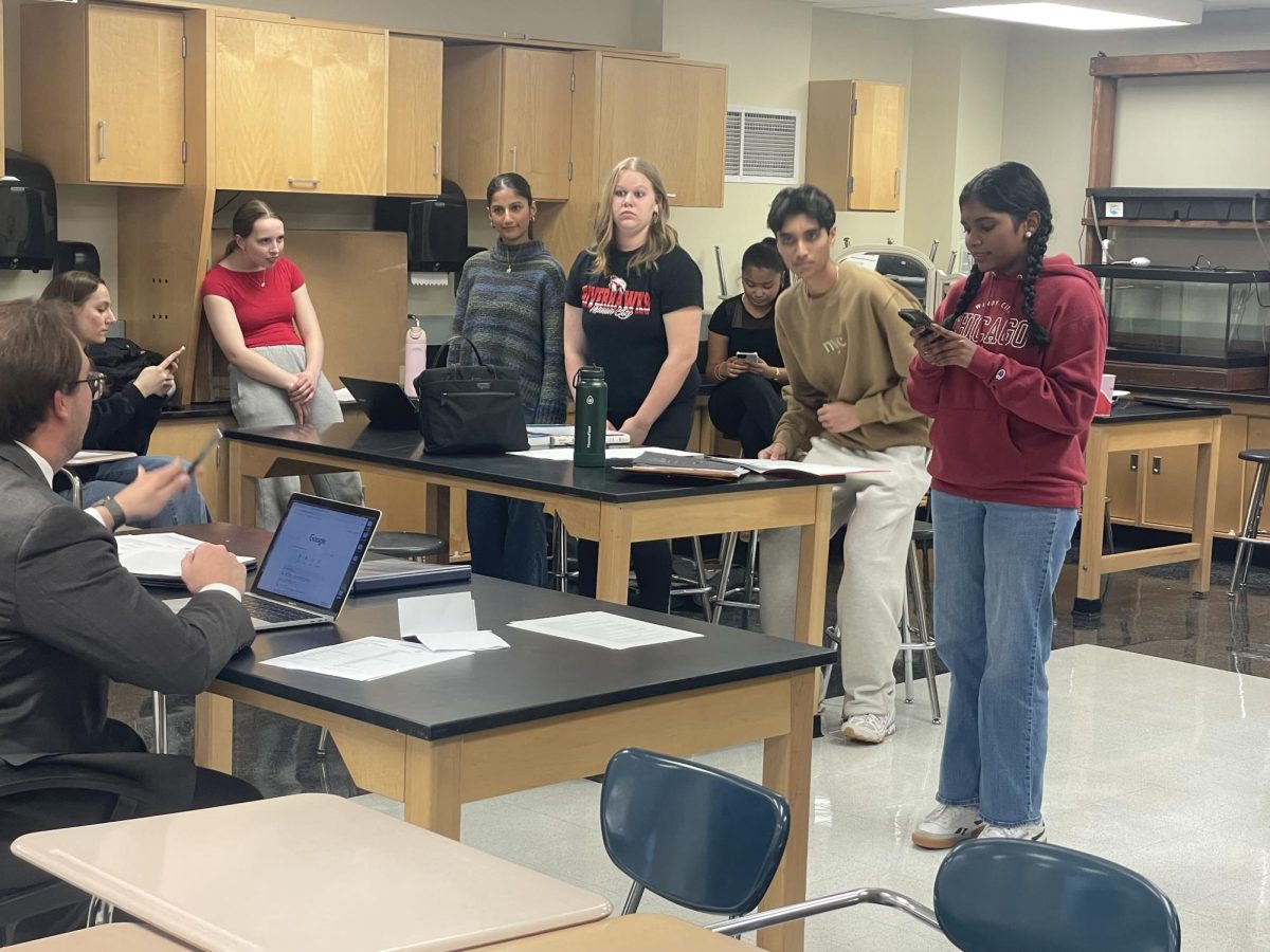 Senior Kaitlyn Thangaraj rehearses her defense of her client during Mock Trial  practice at Mason City High School last week.