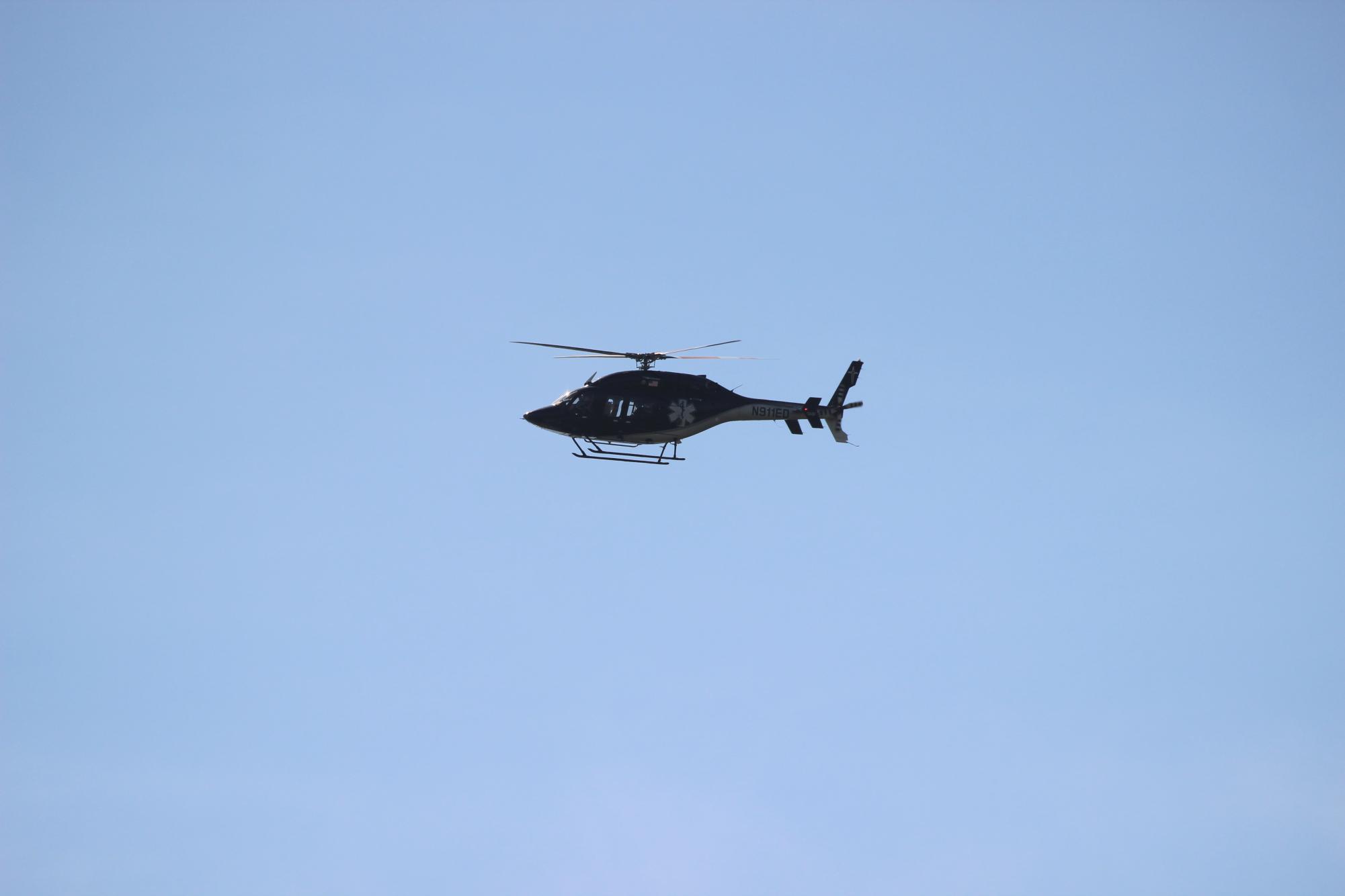 A medical helicopter from MercyOne North Iowa Medical Center in Mason City is checking out the MCHS soccer field before landing for students in the EMT Pathways Program. May 4, 2026